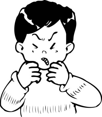 Kızgın çocuk kaşlarını çatarken yumruklarını sıkıyor.