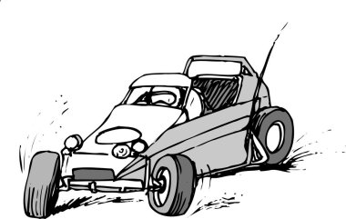 Sürücüsü olan bir off-road kum arabası, kir tekmeliyor, aksiyon dolu bir resimde..