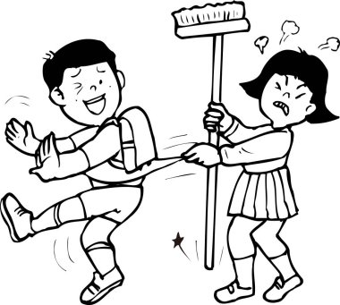 Kızgın kız süpürge tutarken sırt çantasını çekiyor.