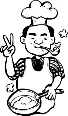 Pipolu bir aşçı, bir tava tutuyor, barış işareti yapıyor, mutlu bir illüstrasyonla.
