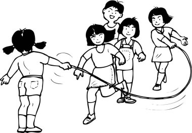 El çizimi çizimi çizimi. İpe atlayan kızların olduğu boyama kitabı sayfası