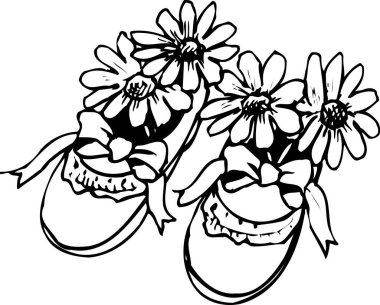 ayakkabılardaki çiçeklerin siyah beyaz çizimi 