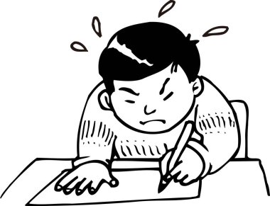 Küçük çocuk not defterine yazıyor, beyaz arka planda izole edilmiş siyah beyaz çizimler.