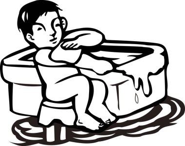 Beyaz bir arka planda vücudunu süngerle yıkayan bir çizgi film çocuğu tasviri.