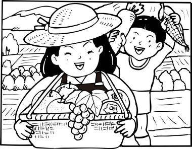 Siyah beyaz çizimler, saman şapkalı mutlu bir kız ve arkasında bir oğlan.