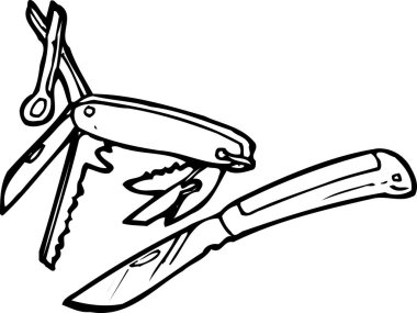 çoklu araç ve bıçak, beyaz arkaplanda izole edilmiş basit siyah ve beyaz çizim