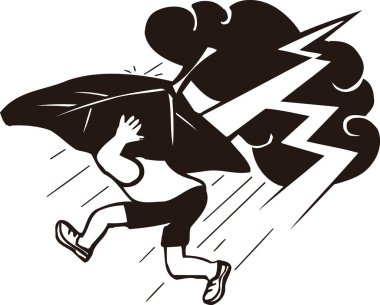 Büyük yaprağın altında yağmurdan korunan bir kızla siyah beyaz çizim.