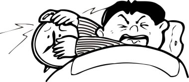  Çalar saati olan kızgın adamın beyaz arka planda izole edilmiş karikatür çizimi.