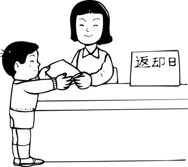 Çocuk kütüphanede gülümseyen kitabı iade ediyor.