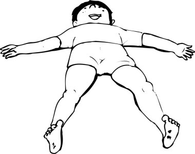 Çocuk beyaz arka planda tek başına yatıyor.