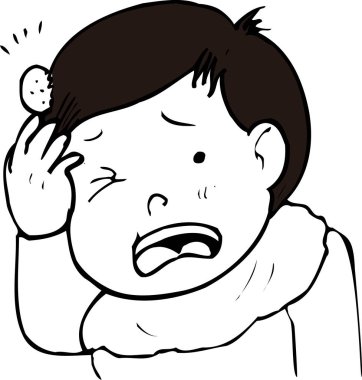 Baş ağrısı olan bir adamla siyah beyaz çizim.