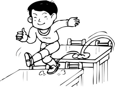 Gülen çocuk ahşap engelin üzerinden atlıyor.