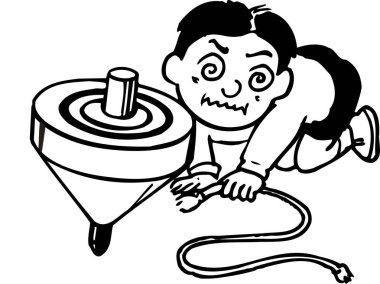 Dönen kapaklı ve sarmalanmış ipli bir çocuğun çizimi..