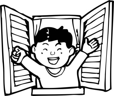  Çizgi film karakteri, yakışıklı çocuk penceresini açıyor. 