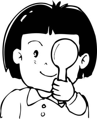 Boyama kitabı sayfası, gözleri kontrol eden bir kızın el çizimi çizimi. 