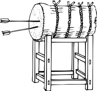 Büyük bir saman balyasından yapılmış okçuluk hedefinin çizimi ve ahşap bir standın üzerine asılmış.