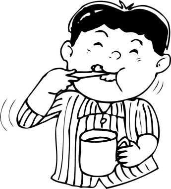 Çocuk elinde bardak tutarken dişlerini fırçalıyor.