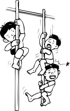 Boyama kitabı sayfası, çizim çizimi çizimi. Üç erkek çocuk iki direğe tırmanıyor..