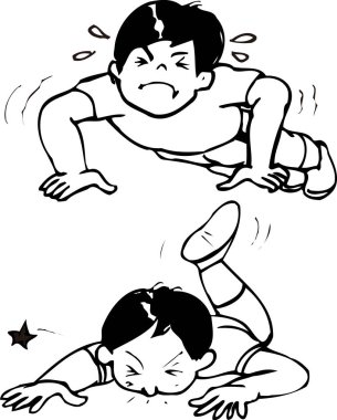 Çocuk şınav çekmekte zorlanıyor, sonra düşüyor.