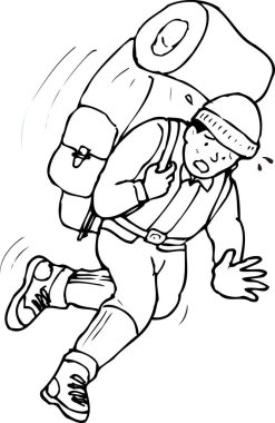 Yürüyüşçü büyük bir sırt çantasının ağırlığı altında mücadele ediyor, beyaz arkaplanda izole edilmiş siyah beyaz bir illüstrasyon.