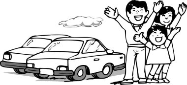 Çizgi çizimi, üç kişilik bir ailenin iki arabanın önünde ellerini kaldırdığını gösteriyor..