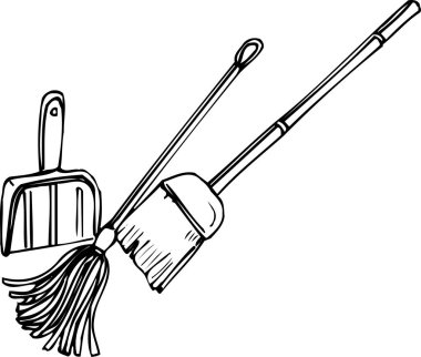Çizgi çizimi bir süpürge ve temizlik için faraş gösteriyor..