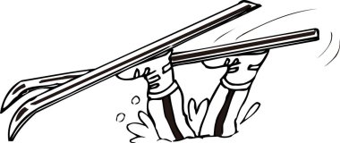 Kayak yaparken düşen adam, beyaz arka planda izole edilmiş siyah beyaz çizimler.