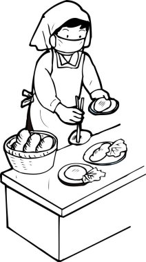 Japon kadınlarının mutfakta yemek pişirmelerinin resmi, beyaz arka planda izole edilmiş basit siyah beyaz çizimler.