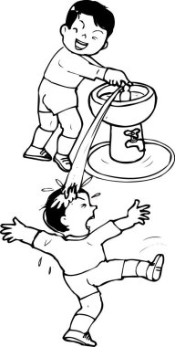 Su fıskiyesiyle oynayan çocukların siyah ve beyaz çizimleri 