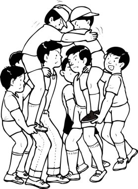 Spor eğitimi sırasında erkeklerle siyah-beyaz çizimler 