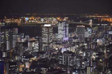 Aydınlanmış Japon şehrinin üzerindeki gece manzarası 