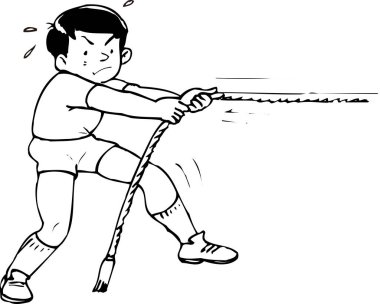 Beyaz arka planda ip çeken bir çocuğun karikatür çizimi. 