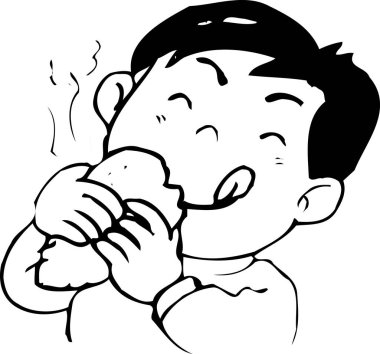 Siyah beyaz çizimler ve sandviç yiyen bir çocuk. 