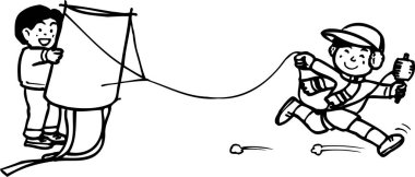 İki çocuk açık havada mutlu bir şekilde uçurtma uçuruyor.