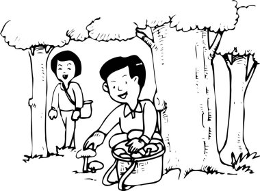 Çocuklar uzun orman ağaçlarından mantar topluyor.