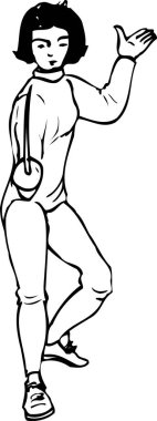 Kız eskrim yapıyor, beyaz arka planda izole edilmiş basit siyah beyaz çizimler. 