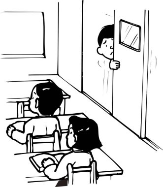 Sınıfta oturan öğrenciler, beyaz arkaplanda izole edilmiş siyah beyaz çizimler. 