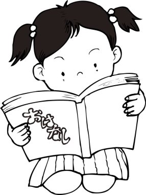 Beyaz arka plan üzerine kitap okuyan küçük tatlı bir kız çizgi filmi. 