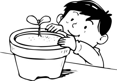 El çizimi çizimi çizimi. Küçük bitkilerle esrar arayan bir çocukla boyama kitabı sayfası. 