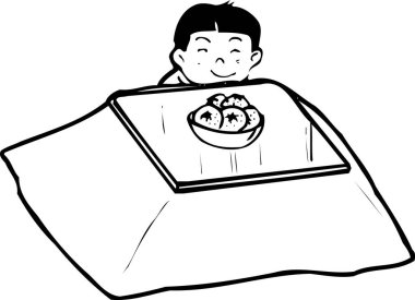 Çizgi sanatı çizelgesinde kotatsu masasında bir kase yiyecekle oturan bir insan görülüyor..