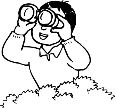 Dürbünle bakan genç bir adam. Beyaz arka planda izole edilmiş siyah beyaz bir resim. 