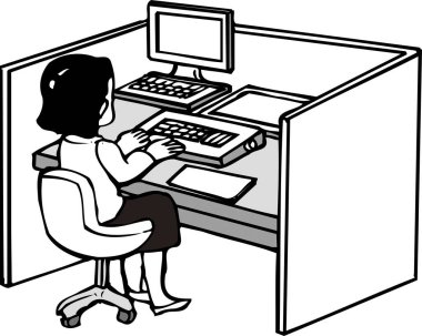 Ofiste oturan kadın işçinin çizimi