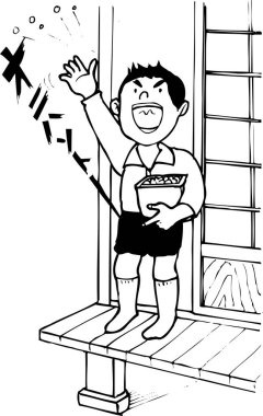 El çizimi çizimi çizimi. Ev verandasında bağıran bir çocukla boyama kitabı sayfası.  