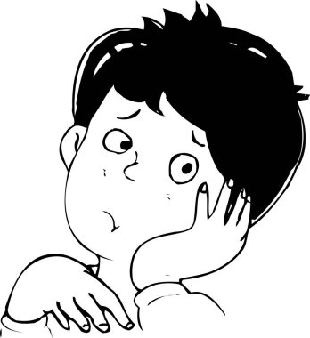 Siyah beyaz karikatür, diş ağrısı olan üzgün bir çocuğun çizimi