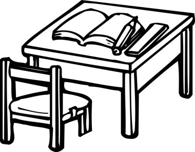 Boyama kitabı için karikatür çizimi. Kitap ve sandalyeli okul masası. 