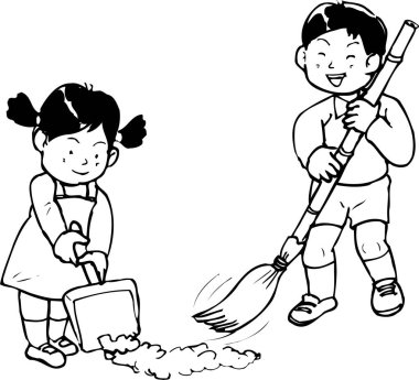 Gülümseyen çocuklar süpürge ve faraş kullanarak tozları süpürüyor.