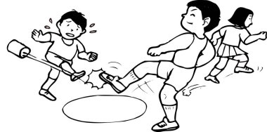 Siyah beyaz illüstrasyon, çocukların konserve ile futbol oynadığı çizgi film.