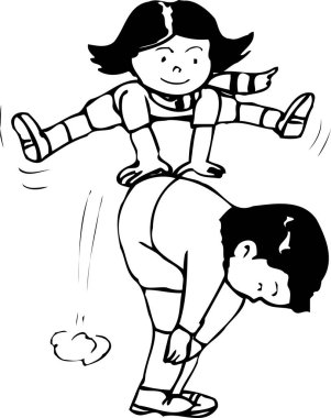 Siyah-beyaz çizimler, kızın erkeğin üzerinden atladığı. 