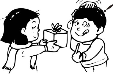 Beyaz arka planda erkek çocuğa hediye sunan kız 