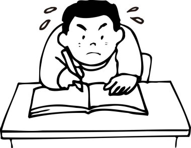 Defterde yazan adam, beyaz arkaplanda izole edilmiş siyah beyaz çizim 